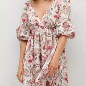 Mango x Chufy Boho Dress Bubble Sleeve Open Back Floral Mini Small